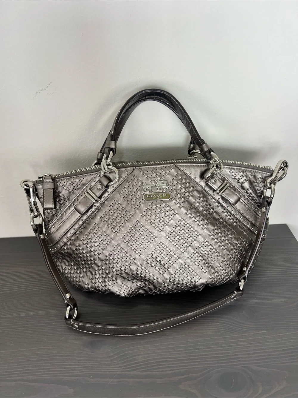 Coach Madison Sophia Pewter Woven Leather Satchel Gun Metal Bag